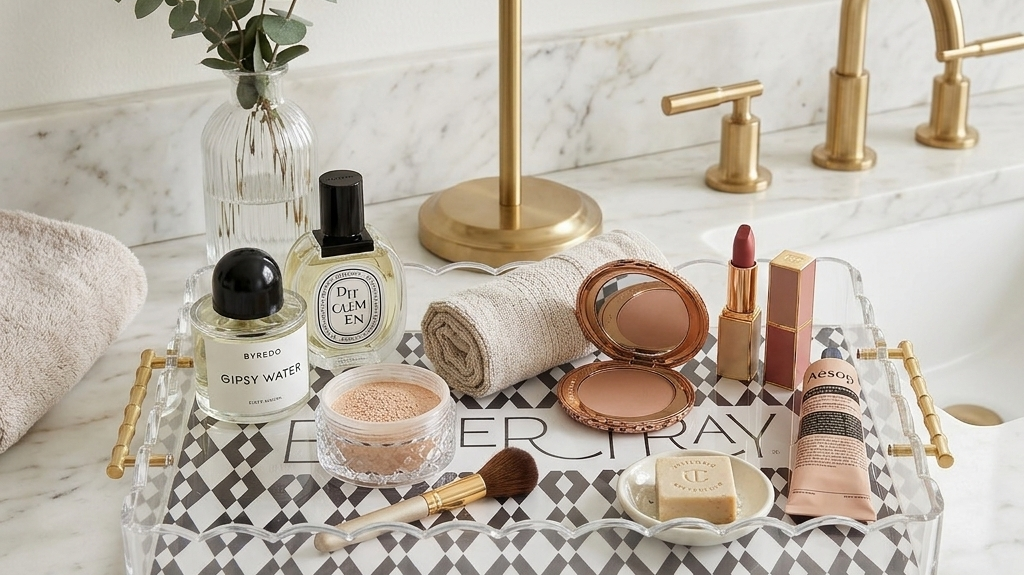 Acrylic bathroom tray filled with women's cosmetics