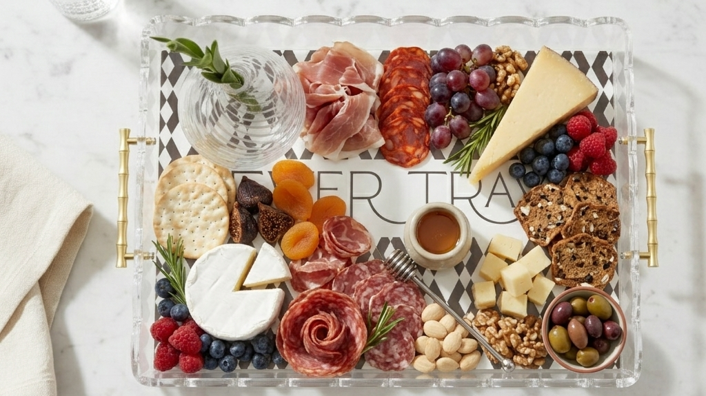 Acrylic charcuterie serving tray filled with meats and cheeses