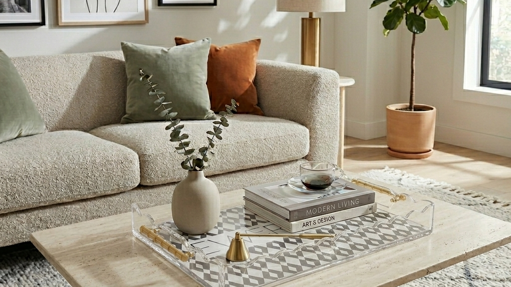Acrylic tray used in modern home decor. sitting on a coffee table with books and a vase