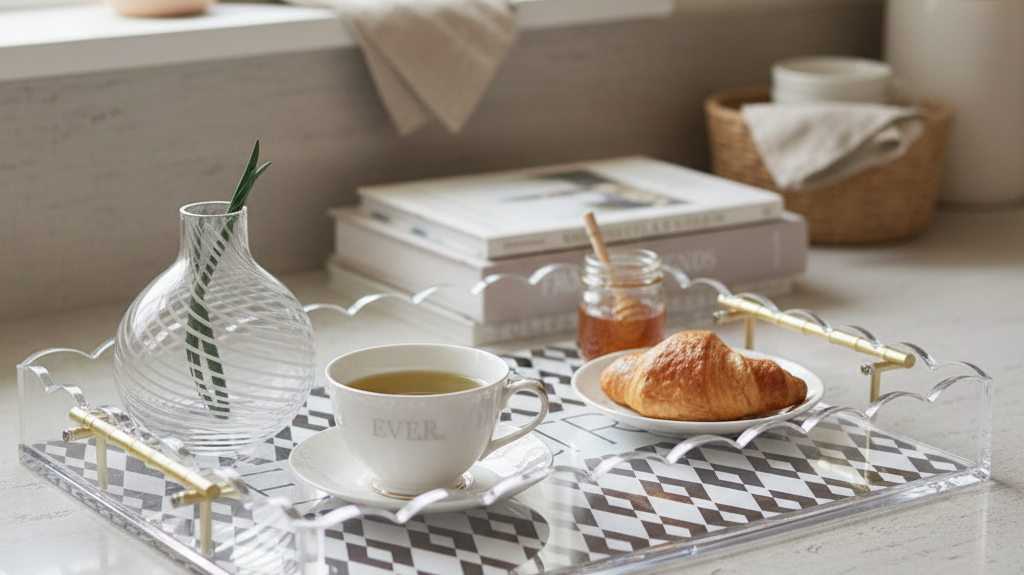 Acrylic coffee bar serving tray with coffee, honey, pastry and vase