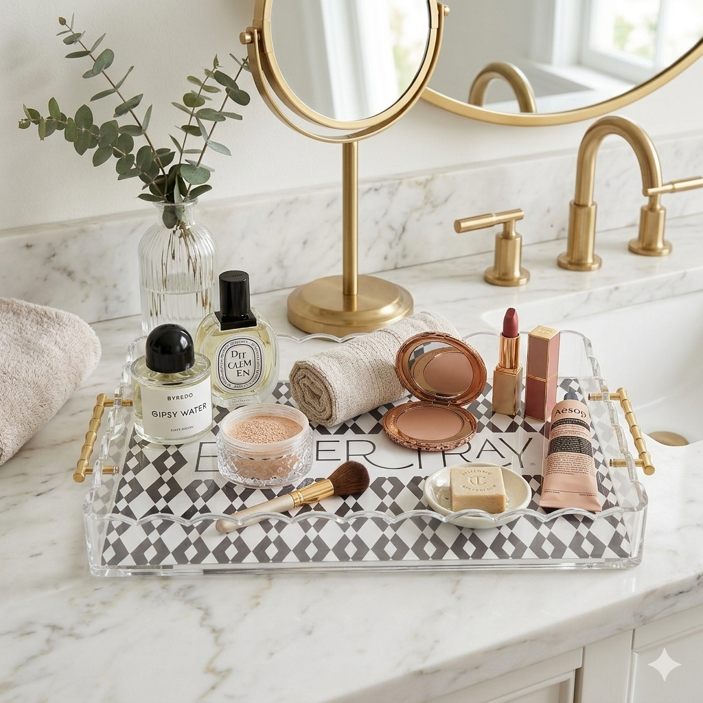 Acrylic bathroom tray filled with women's cosmetics 