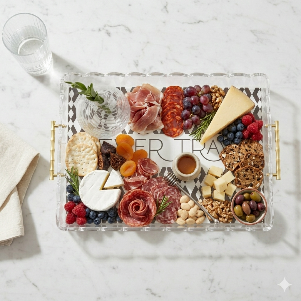 Acrylic charcuterie serving tray filled with meats and cheeses