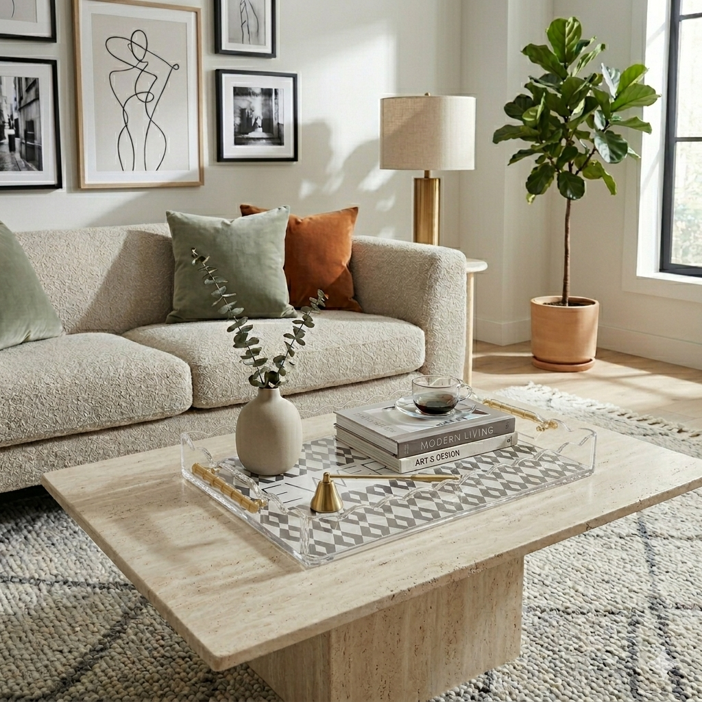 Acrylic tray used in modern home decor. sitting on a coffee table with books and a vase