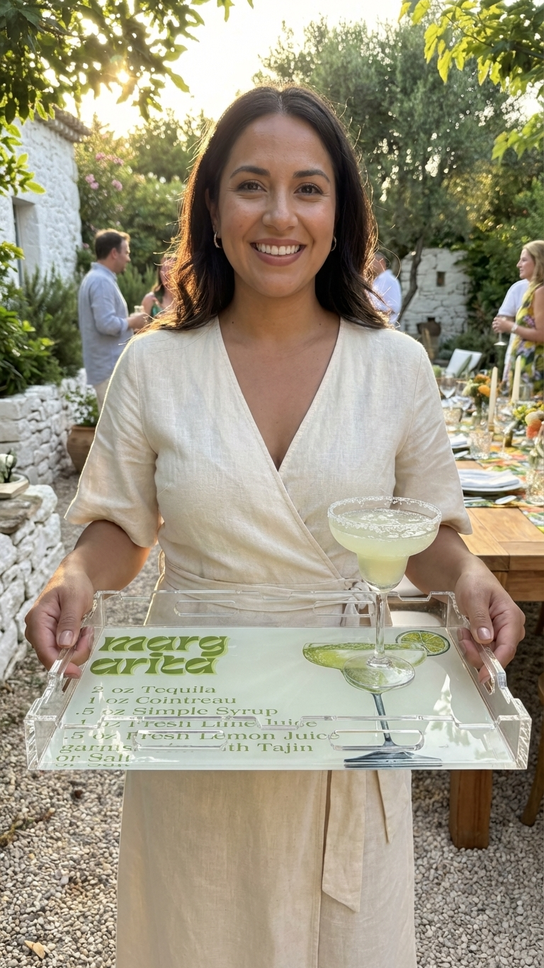 Woman serving cocktails on an acrylic serving tray at a patio and pool party