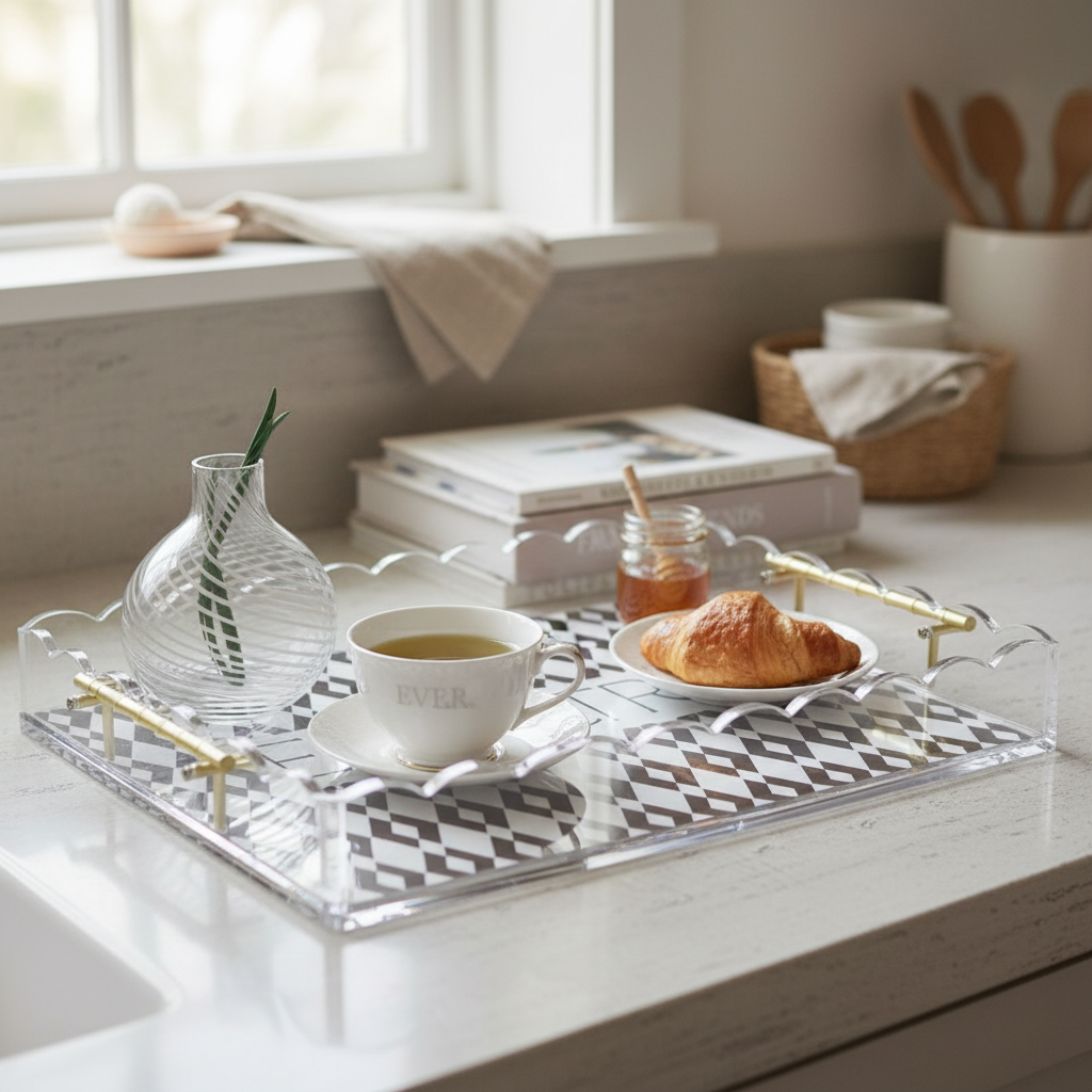 Acrylic coffee bar serving tray with coffee, honey, pastry and vase