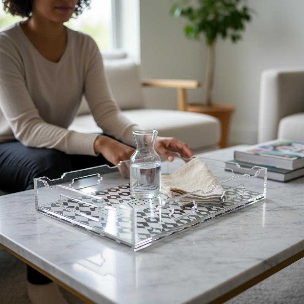 Evertray Acrylic Serving Tray on marble coffee table with pitcher of water and napkins