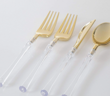 Load image into Gallery viewer, Neo Classic Clear and Gold Plastic Cutlery Set | 32 Pieces
