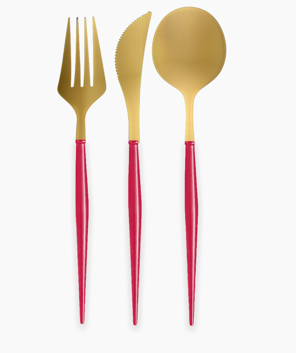 Reusable Plastic Cutlery Gold/Bright Red Handles S/24